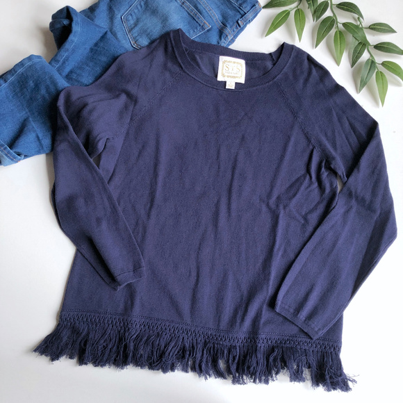 Sail to Sable Sweaters - Sail to Sable Navy Fringe Hem Sweater Top